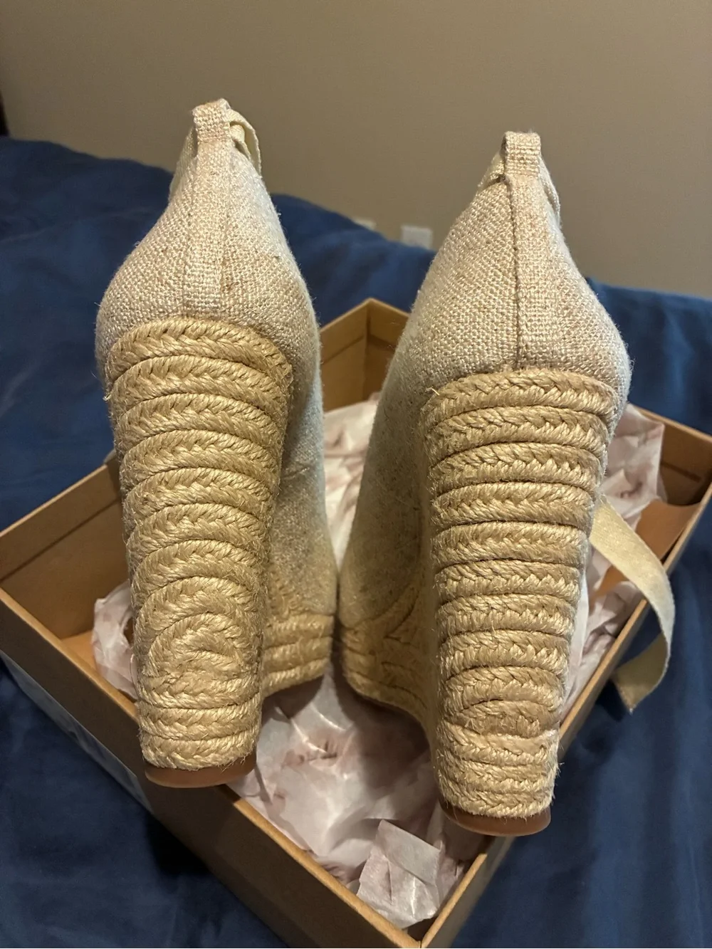 Jessica Simpson Wedge Espadrille Platform Heels with Ankle Tie in Beige